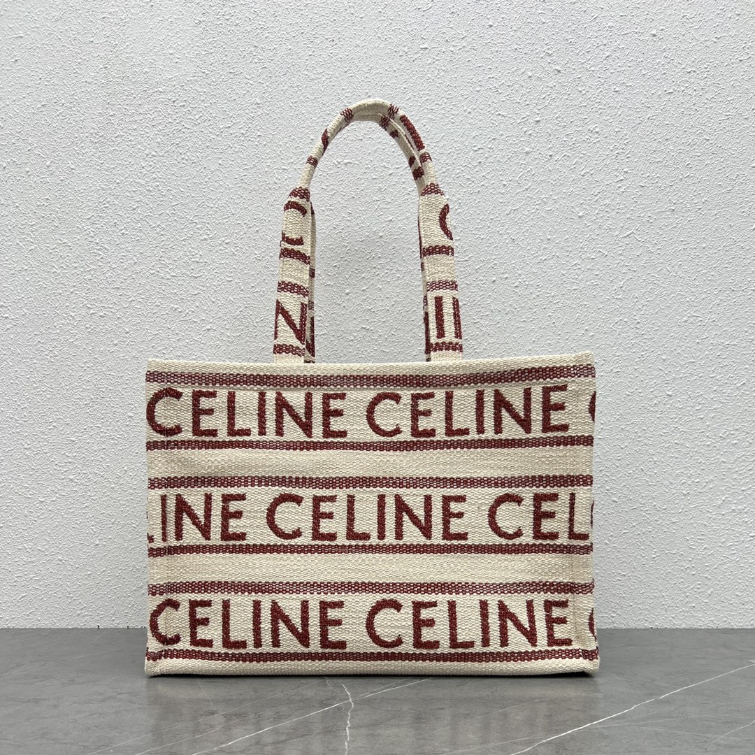 Celine Large Cabas Thais In Striped Textile With Celine Jacquard And Calfskin Cream/Red 196762